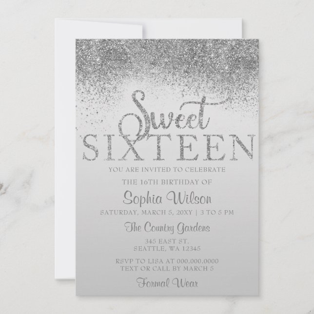 Convite Silver Glitter Sparkle Sweet 16 Aniversário (Frente)