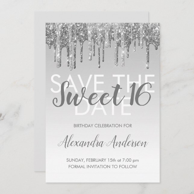 Convite Silver Glitter Sweet 16 Salve a data (Frente/Verso)