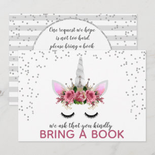 Convite Silver Glitter Unicorn Princesa Traga Um Livro