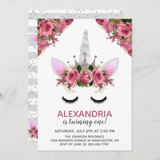 Convite Silver Glitter Unicorn Princess Birthday (Frente/Verso)