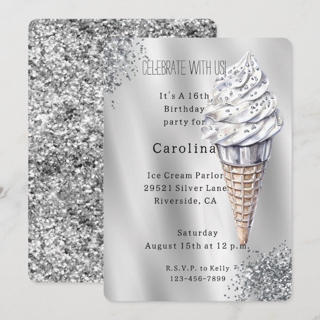 Convite Silver Glitter Vanilla Ice Cream Cone Birthday (Frente/Verso)