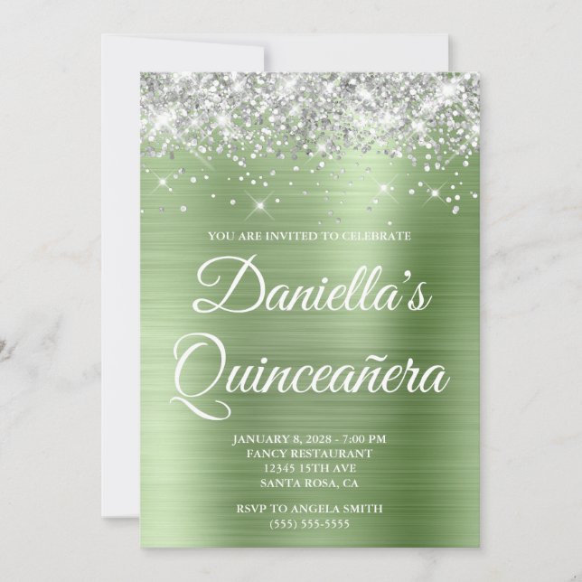 Convite Silver Glitter Verde Leve Quinceañera (Frente)
