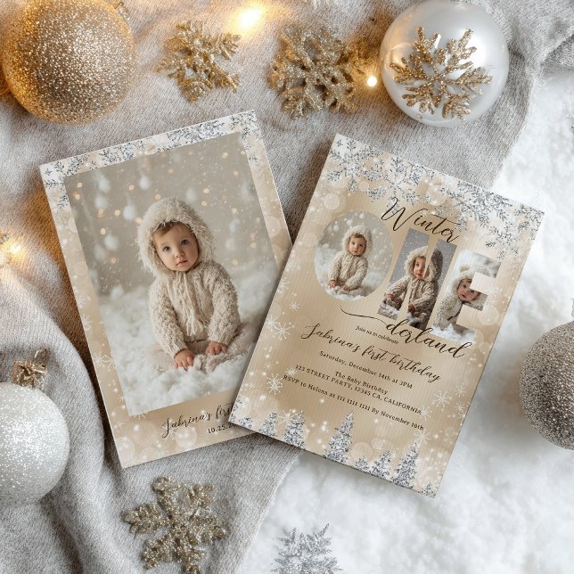 Convite Silver Gold Winter ONEderland Photo First Birthday (Silver Gold Winter ONEderland Photo First Birthday Invitation)
