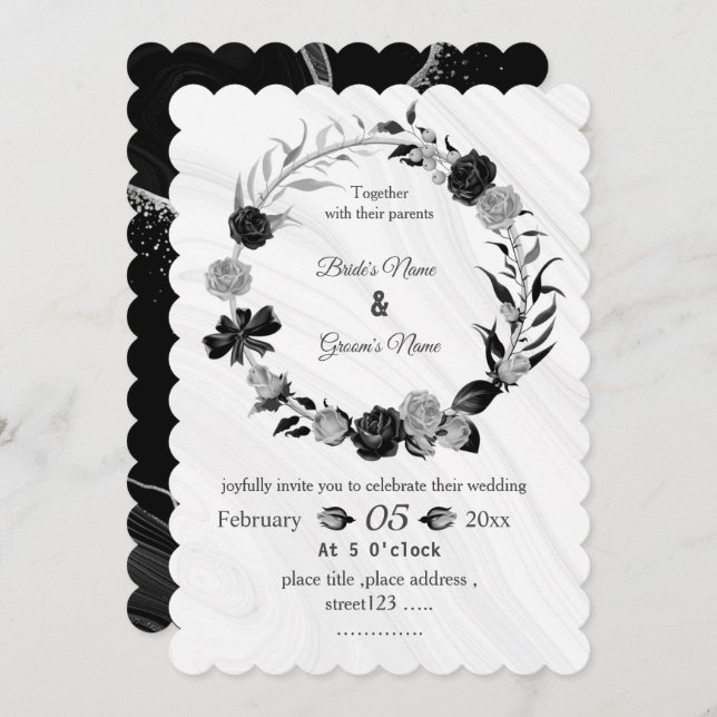 Convite silver gray & black floral wreath wedding (Frente/Verso)