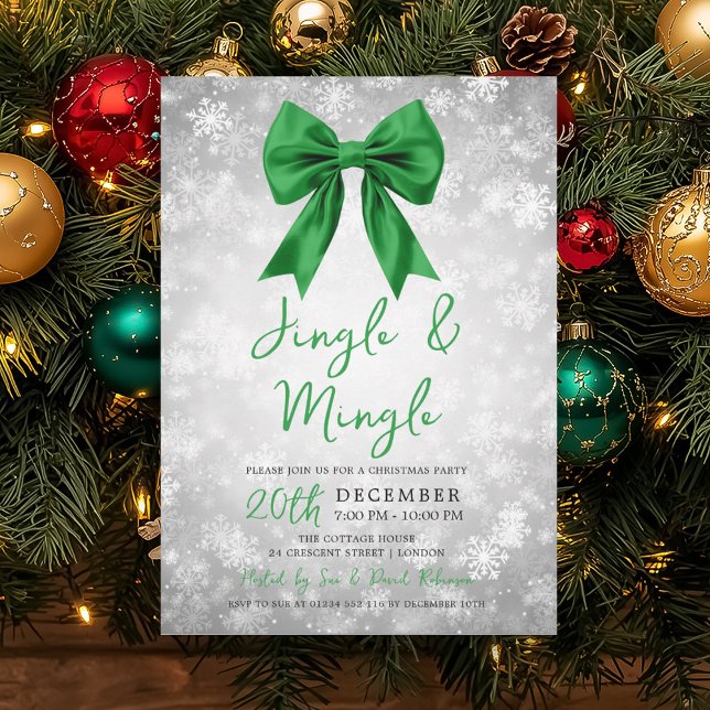 Convite Silver Green Jingle Mingle Xmas Party Bow Snow  (Criador carregado)