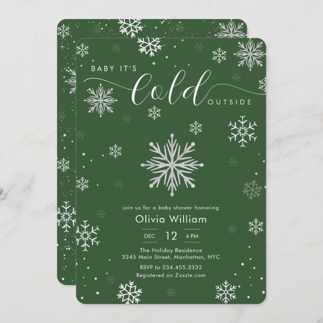 Convite Silver Green Magical Winter Snowflake Baby Shower  (Frente/Verso)