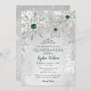 Convite Silver Green Snowflake Princesa Tiara Quinceañera
