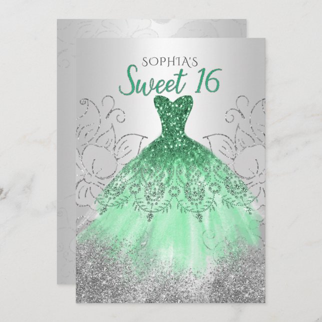 Convite Silver Green Sparkle Dress 16 anos (Frente/Verso)