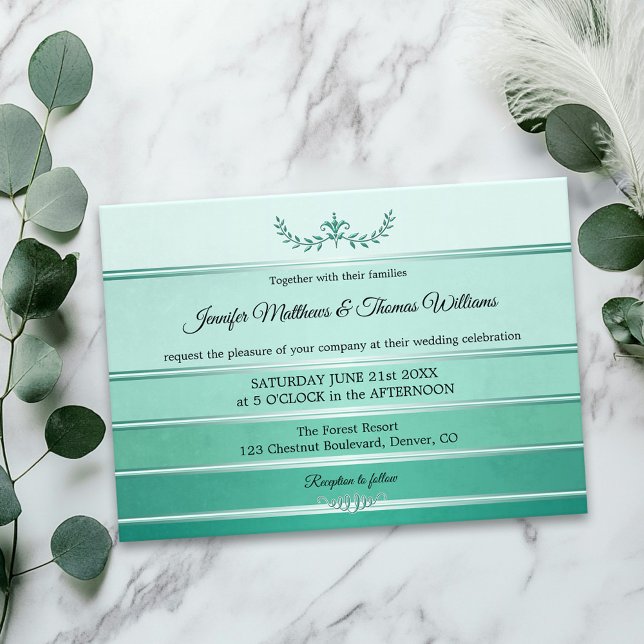 Convite Silver Green Striped Ton sur Ton Wedding (Wedding invitation featuring an elegant green tone on tone striped design with a silver lining)