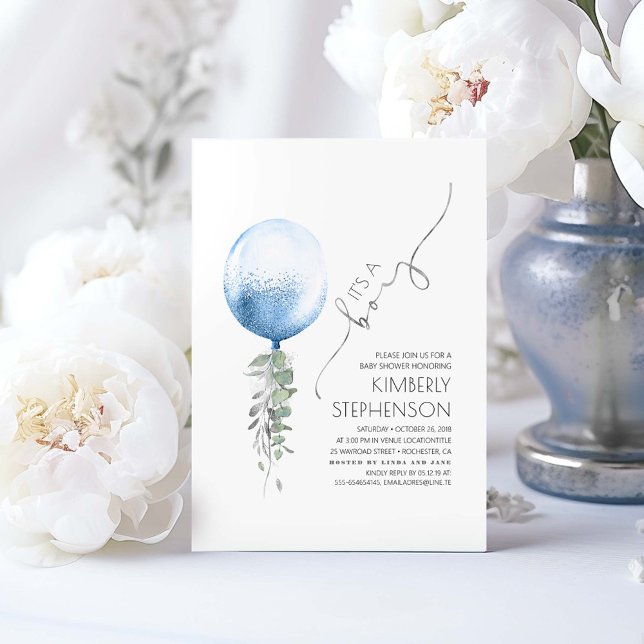 Convite Silver Greenery e Blue Balloon Chá de fraldas Invi (It's a Boy! Silver and Blue Baby Shower Invitations)