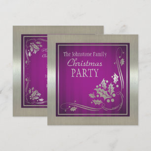 Convite Silver Holly e Swirls no Partido de Natal Roxo