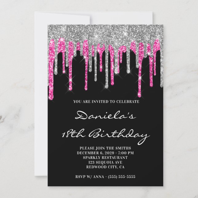 Convite Silver Hot Pink Glitter Drips Black 18th Birthday (Frente)