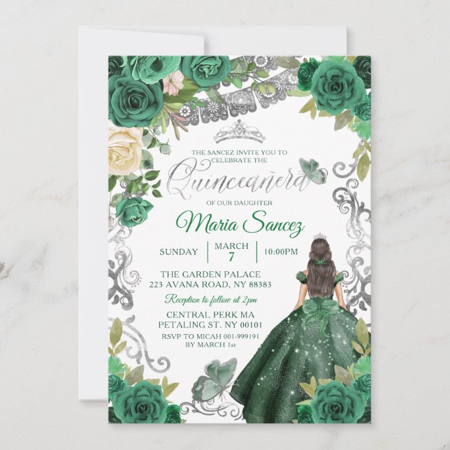 Convite Silver Hunter Green Mexicano Floral Quinceañera (Frente)