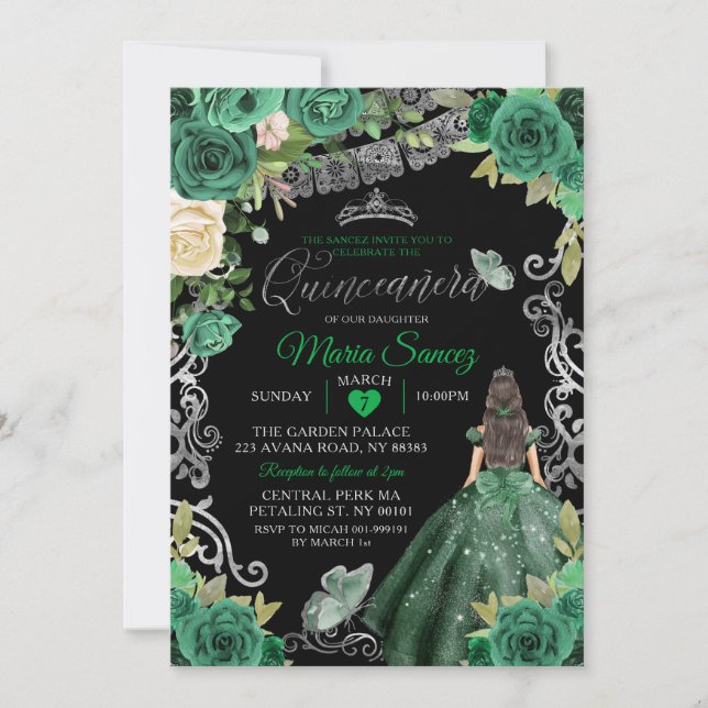 Convite Silver Hunter Green Mexicano Floral Quinceañera (Frente)