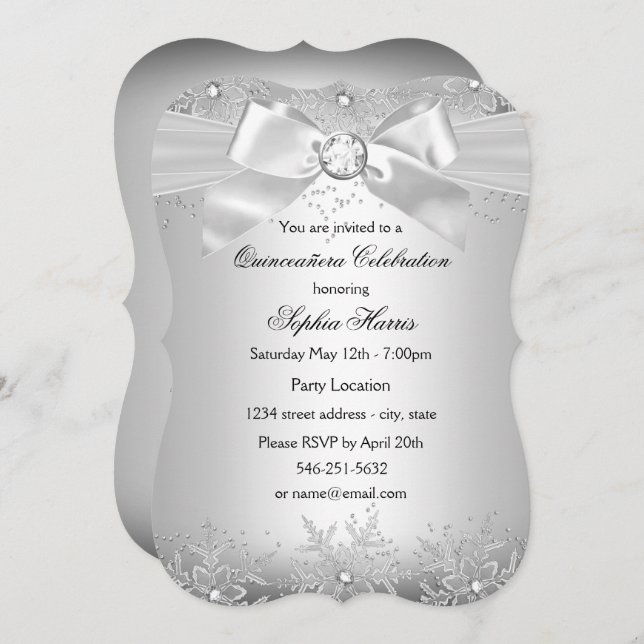 Convite Silver Jewel Arco Snowflake Quinceanera (Frente/Verso)