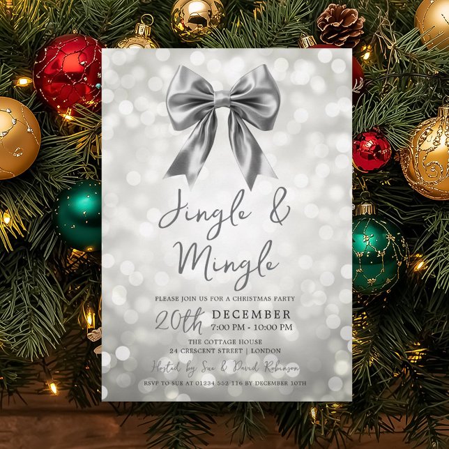 Convite Silver Jingle Mingle Christmas Party Bow Bokeh (Silver Jingle Mingle Christmas Party Bow Bokeh Invitation)