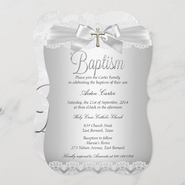 Convite Silver Lace e Cross Baptism Boy ou Girl (Frente/Verso)