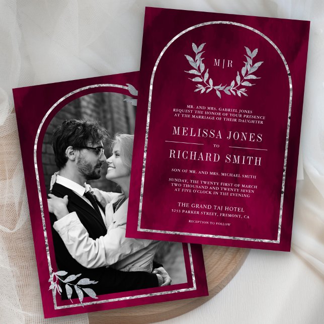 Convite Silver Laurel Wreath Deixa Fuchsia Pink Casamento (Criador carregado)