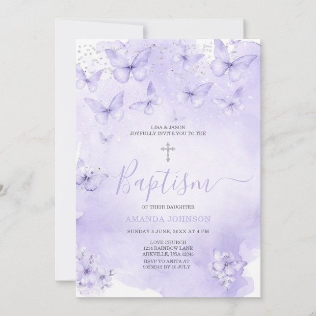 Convite Silver Lavender Butterfly Baptism Purple (Frente)