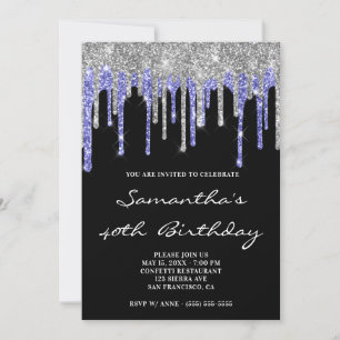 Convite Silver Midnight Blue Glitter Drives Black Birthday