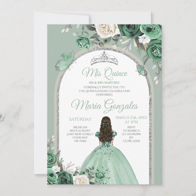 Convite Silver Mis Quince Dusty Green - Quinceañera (Frente)