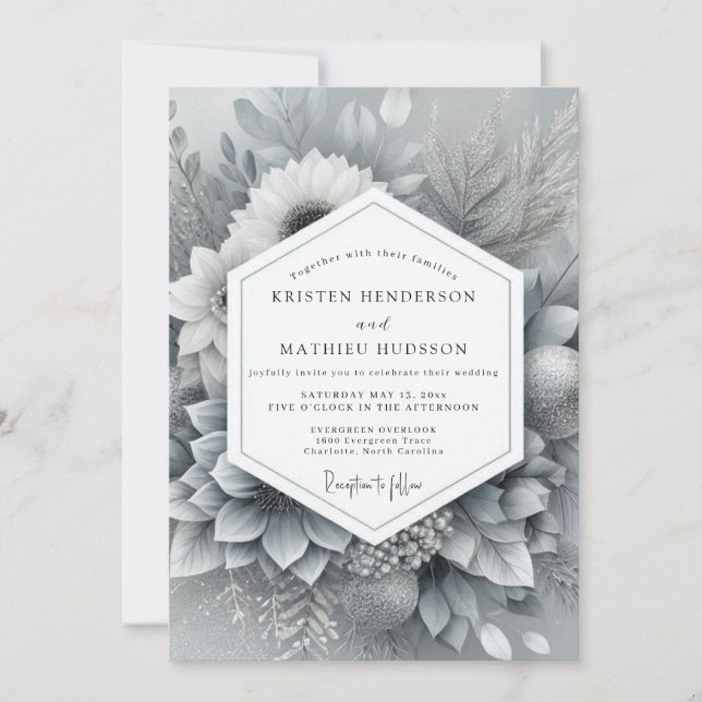 Convite Silver Monochromatic Bloom Wedding (Frente)
