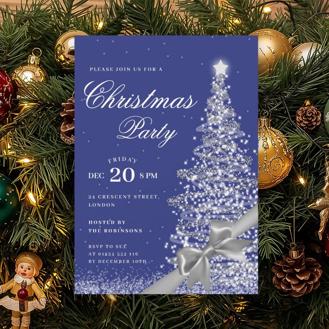 Convite Silver Navy Winter Christmas Tree Bow Holiday  (Silver Navy Winter Christmas Tree Bow Holiday Invitation)
