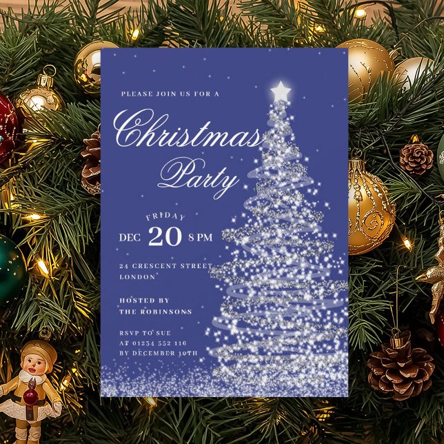 Convite Silver Navy Winter Christmas Tree Holiday Party  (Silver Navy Winter Christmas Tree Holiday Party Invitation)