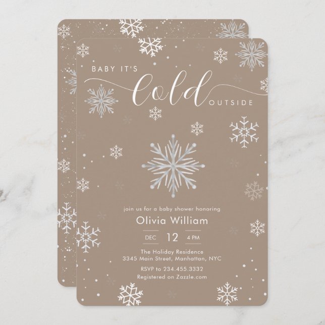 Convite Silver Neutral Magic Winter Snowflake Baby Shower  (Frente/Verso)