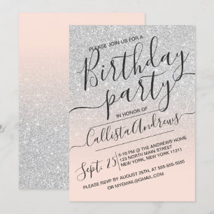 Convite Silver Pink Faux Sparkly Ombre Aniversário