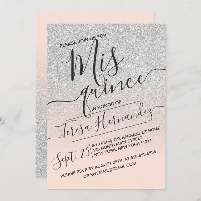 Convite Silver Pink Faux Sparkly Ombre Quinceañera (Frente/Verso)