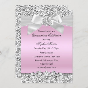 Convite Silver Pink Glitter Jewel Arco Quinceanera Anivers