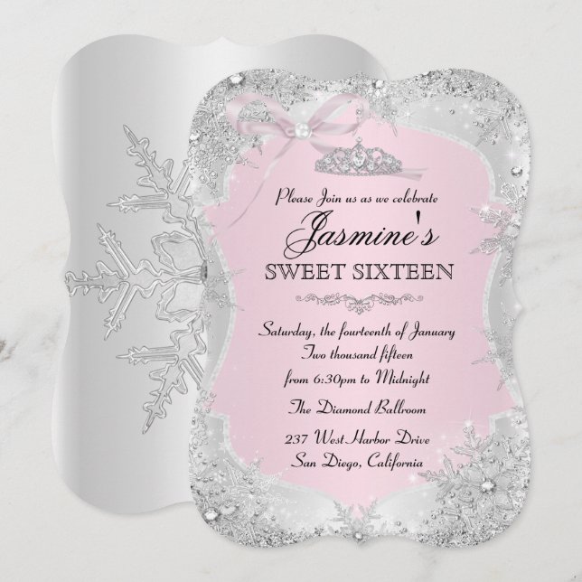 Convite Silver Pink Winter Snowflake Sweet 16 (Frente/Verso)