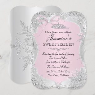 Convite Silver Pink Winter Snowflake Sweet 16