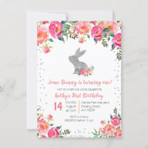 Convite Silver Primavera Bunny Birthday Floral