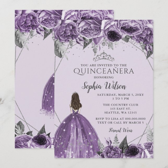 Convite Silver Purple Floral Princess Quinceañera (Frente/Verso)