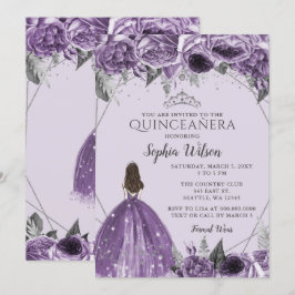 Convite Silver Purple Floral Princess Quinceañera