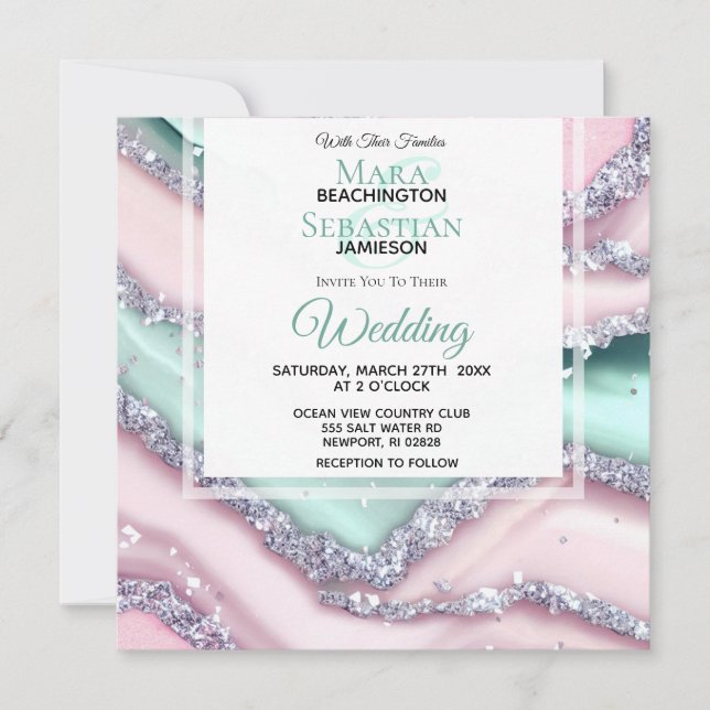 Convite *~* Silver QR MINT PINK AGATE AR66 RSVP Casamento (Frente)