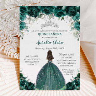 Convite Silver Quinceañera Emerald Green Princesa Floral