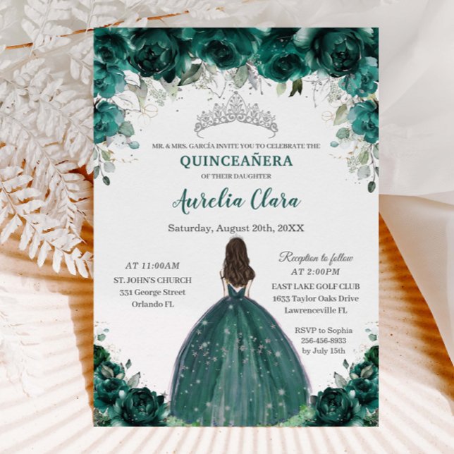 Convite Silver Quinceañera Emerald Green Princesa Floral (Criador carregado)