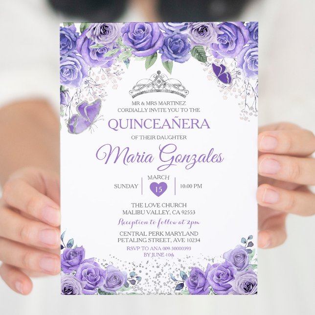 Convite Silver Quinceañera Purple Crown Borboleta Mexicana (Criador carregado)