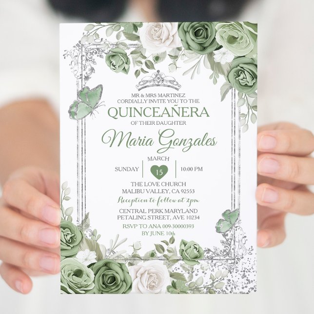 Convite Silver Quinceañera Sage Borboleta Verde (Criador carregado)