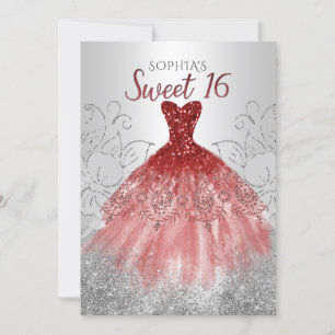 Convite Silver Red Glitter Sparkle Dress Doce 16 anos
