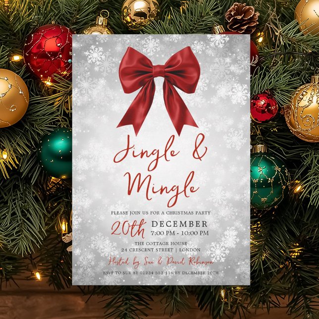Convite Silver Red Jingle Mingle Christmas Party Bow Snow  (Silver Red Jingle Mingle Christmas Party Bow Snow Invitation)