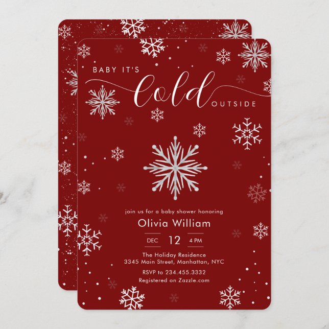 Convite Silver Red Magical Winter Snowflake Baby Shower  (Frente/Verso)