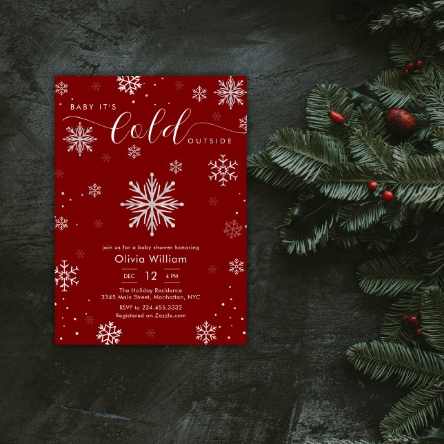 Convite Silver Red Magical Winter Snowflake Baby Shower  (Silver Red Magical Winter Snowflake Baby Shower Invitation)