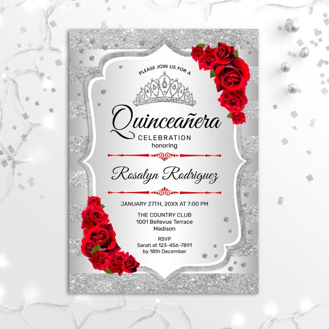 Convite Silver Red Quinceanera (Criador carregado)