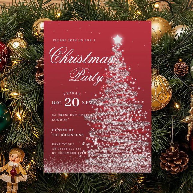 Convite Silver Red Winter Christmas Tree Holiday Party  (Silver Red Winter Christmas Tree Holiday Party Invitation)