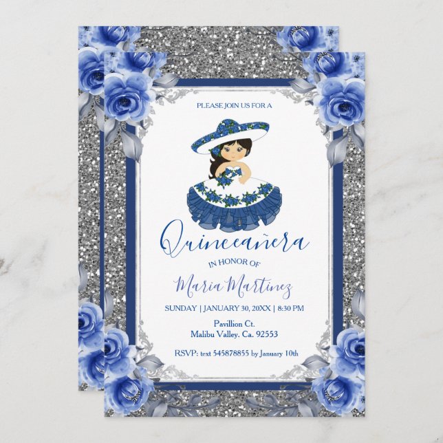 Convite  Silver Royal Rosas Quinceanera  (Frente/Verso)