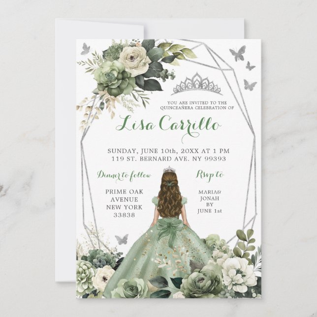 Convite Silver Sage Green Princess Butterfly Quinceañera (Frente)